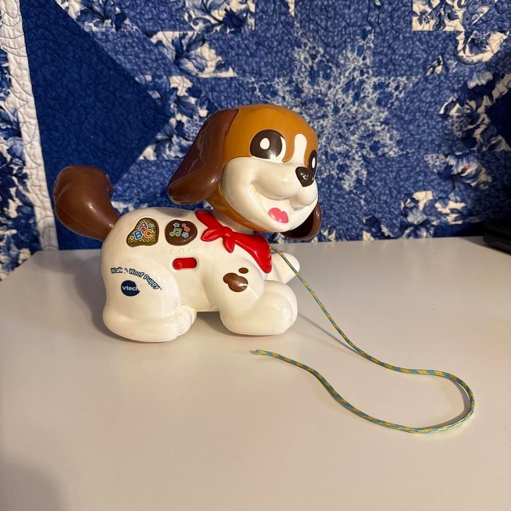 VTech Walk and Woof Puppy Dog Pull Toy Brown White Red Bow Music ABCs VT24334